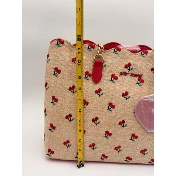 Betsey Johnson Cherry Print Straw Tote Bag Red Scalloped Top Chain Straps Charm - Picture 8 of 10